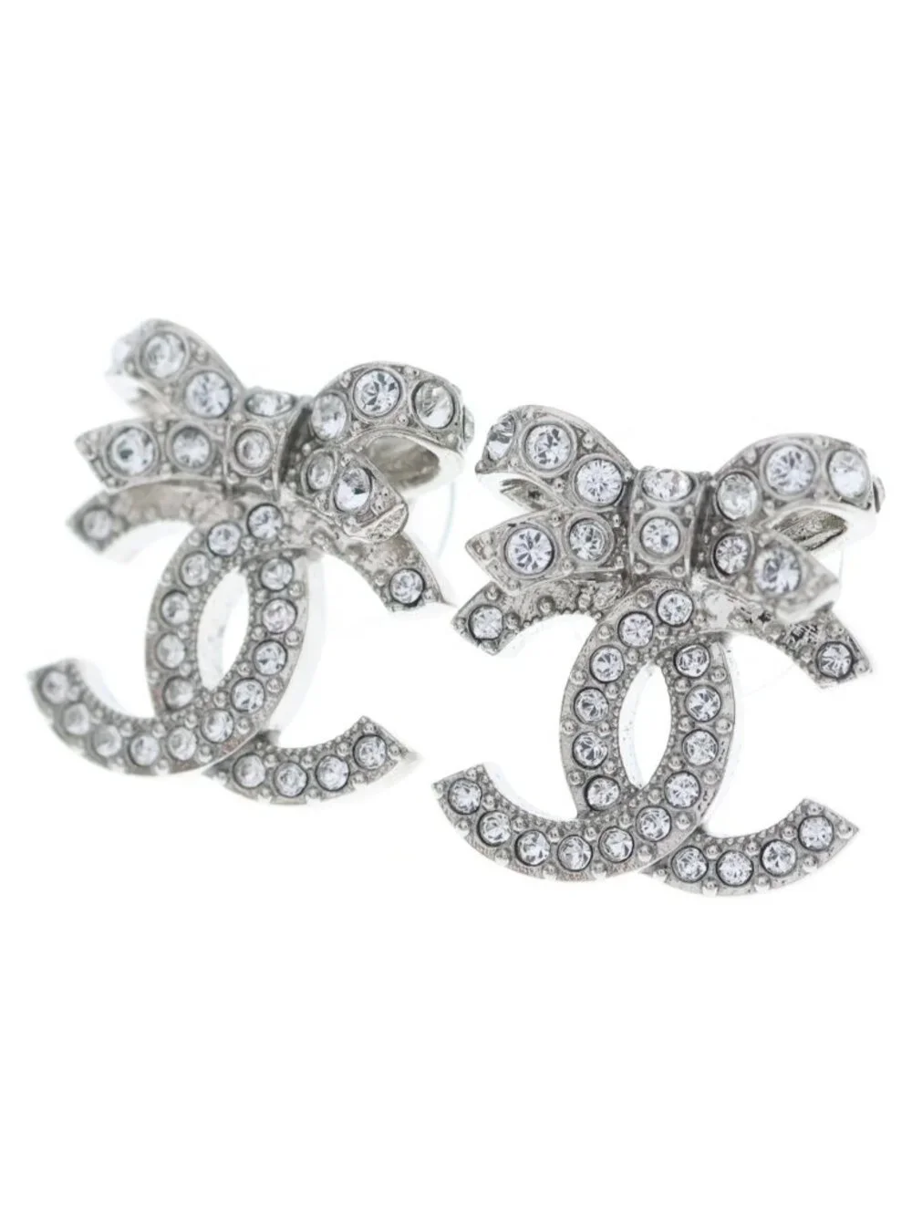 Chanel Rhinestone CC Logo Ribbon Earrings Silver